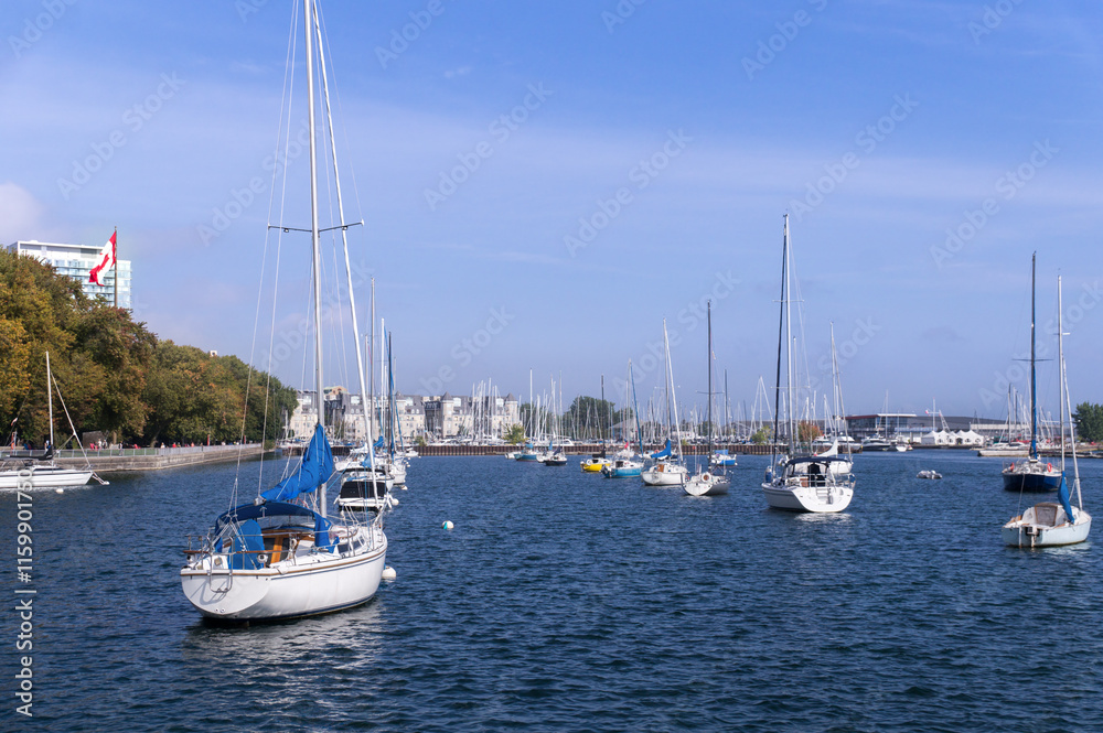 Yachts parked in Toronto waterfront marina in blue waters of lake Ontario with downtown Toronto skyline in background Yachts parked in Toronto waterfront marina in blue waters of lake Ontario with downtown Toronto skyline in background