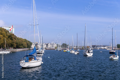 Yachts parked in Toronto waterfront marina in blue waters of lake Ontario with downtown Toronto skyline in background