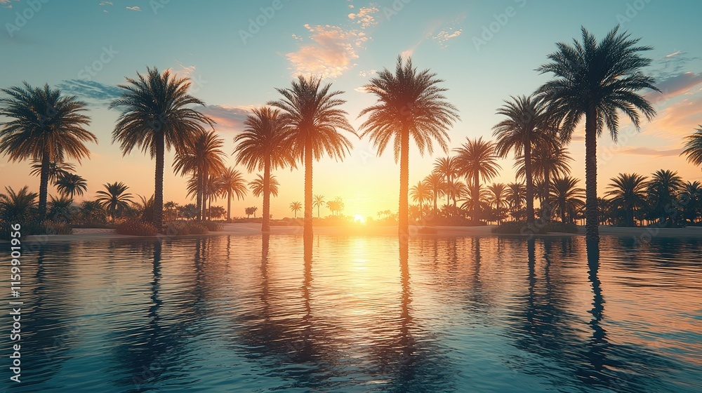 Fototapeta premium Serene sunset over a tranquil water body lined with palm trees.