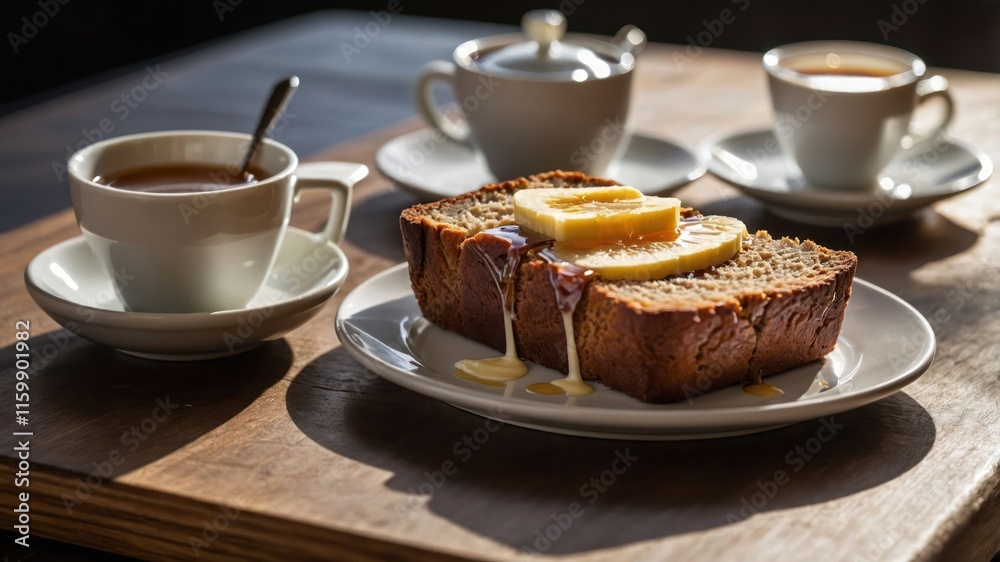 A warm slice of banana bread topped with syrup and banana, accompanied by coffee cups. A warm slice of banana bread topped with syrup and banana, accompanied by coffee cups.