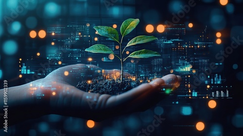 Hand holding a small plant seedling emerging from soil with futuristic digital data background.