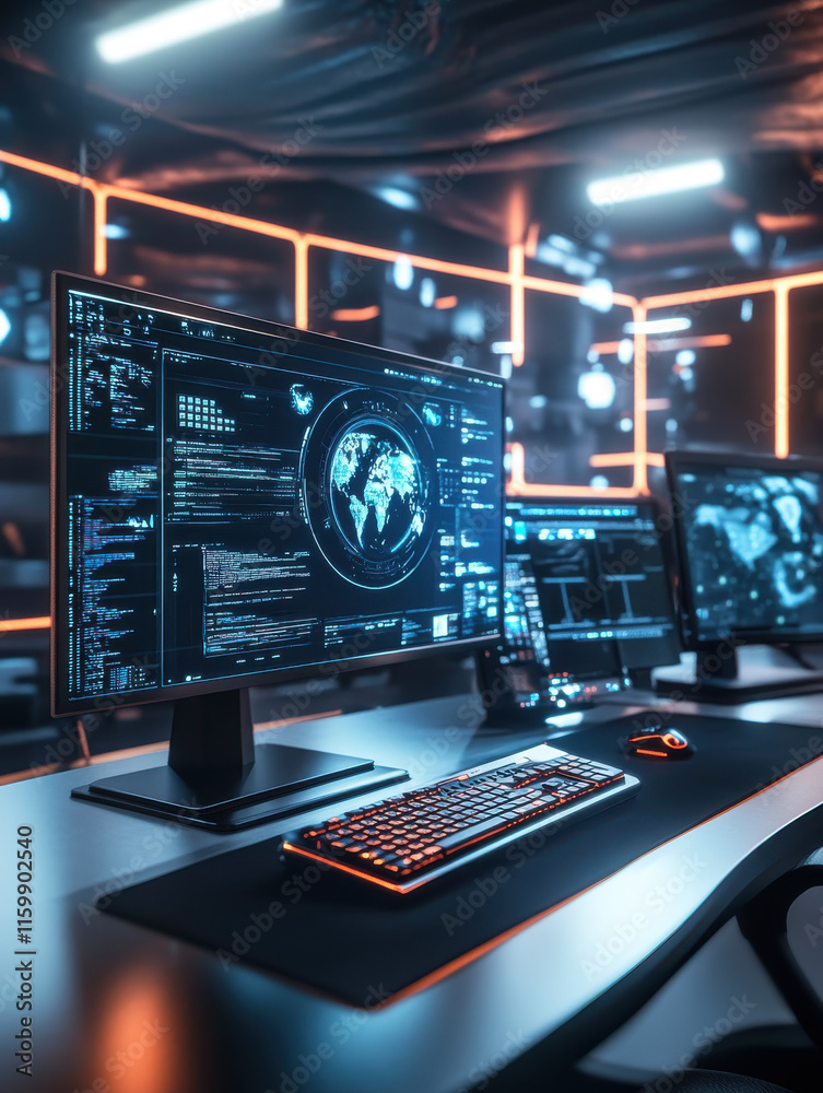 High-tech workspace with multiple computer monitors displaying data and code. Futuristic setting with vibrant lighting. High-tech workspace with multiple computer monitors displaying data and code. Futuristic setting with vibrant lighting.