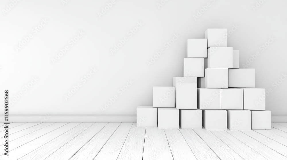 Stacked White Cubes on Clean Wall Background in Modern Minimalist Interior Space Stacked White Cubes on Clean Wall Background in Modern Minimalist Interior Space