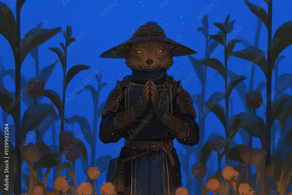 Fototapeta premium mystical wolf in armor stands in serene field of glowing flowers under starry night sky