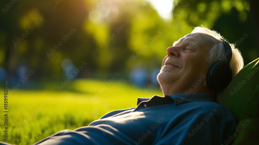 Naklejka premium Senior man relaxing in his garden, listening to music with headphones