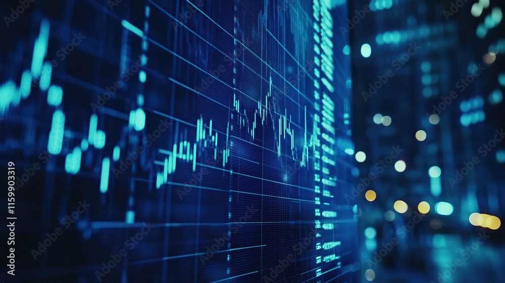 Close-up of a large digital screen displaying dynamic stock market data and graphs at night with city lights in the background.