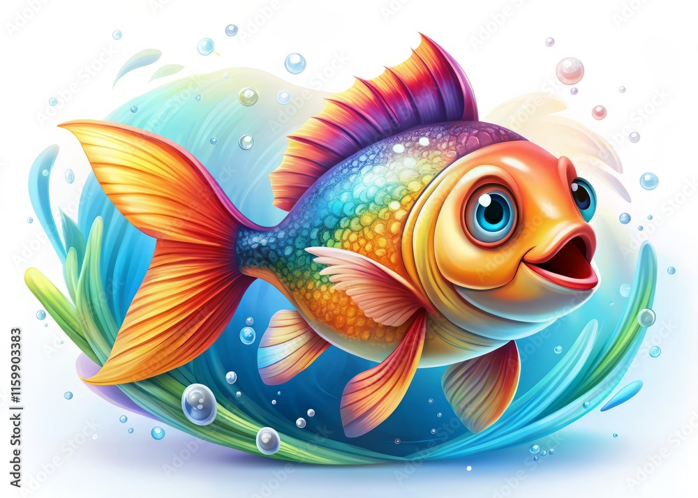 Fototapeta premium Cute Fish Action Shot Graphic - Colorful Cartoon Underwater Animal