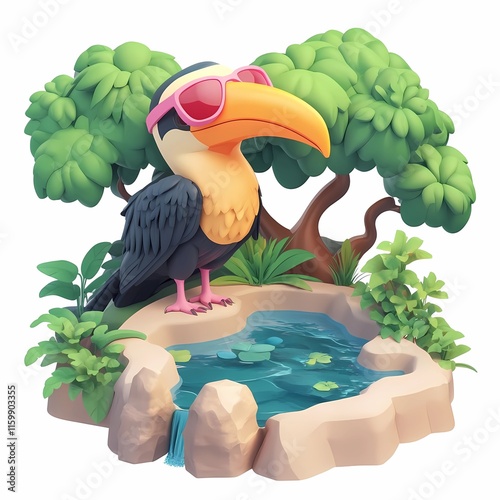 isometric style 3D cartoon horbill bird wear pink sunglasses with rounded rock and tree scene, against a solid white background	 photo