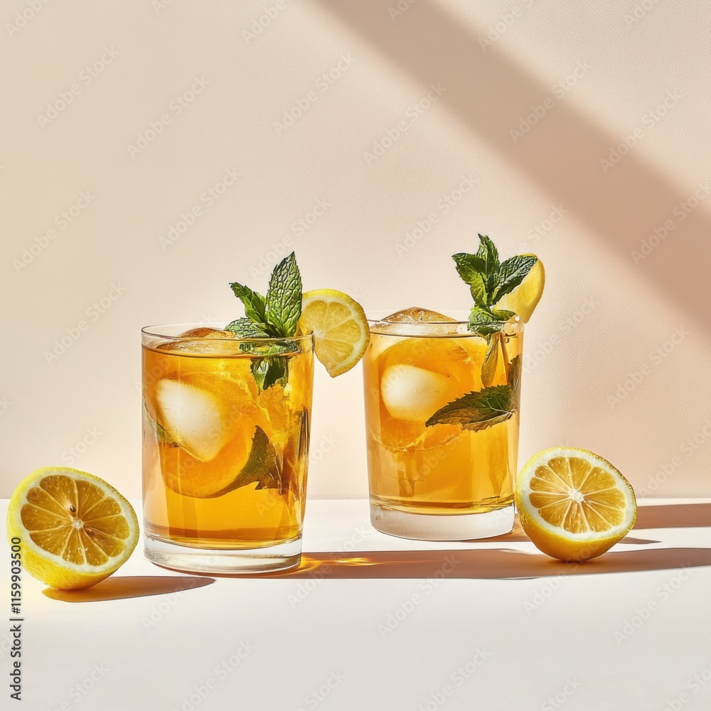Fototapeta premium Sweet iced tea with lemon in a glass. Featuring lemon slices and mint