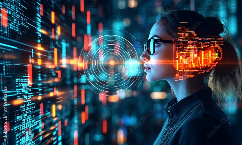A futuristic profile of a woman with digital data overlay.