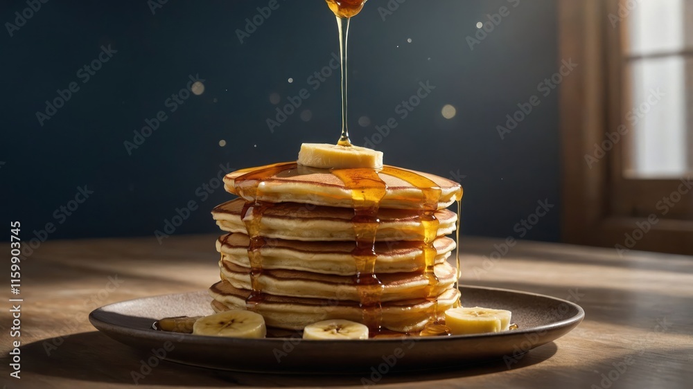 A stack of pancakes topped with banana slices and syrup, served on a plate. A stack of pancakes topped with banana slices and syrup, served on a plate.