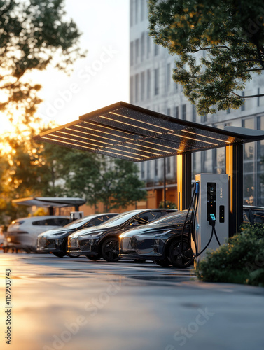 Electric vehicles charging at a modern urban charging station under a solar-powered canopy.