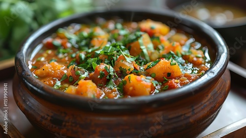 Close-up of a rustic bowl filled with a hearty stew, featuring chunks of vegetables and herbs.