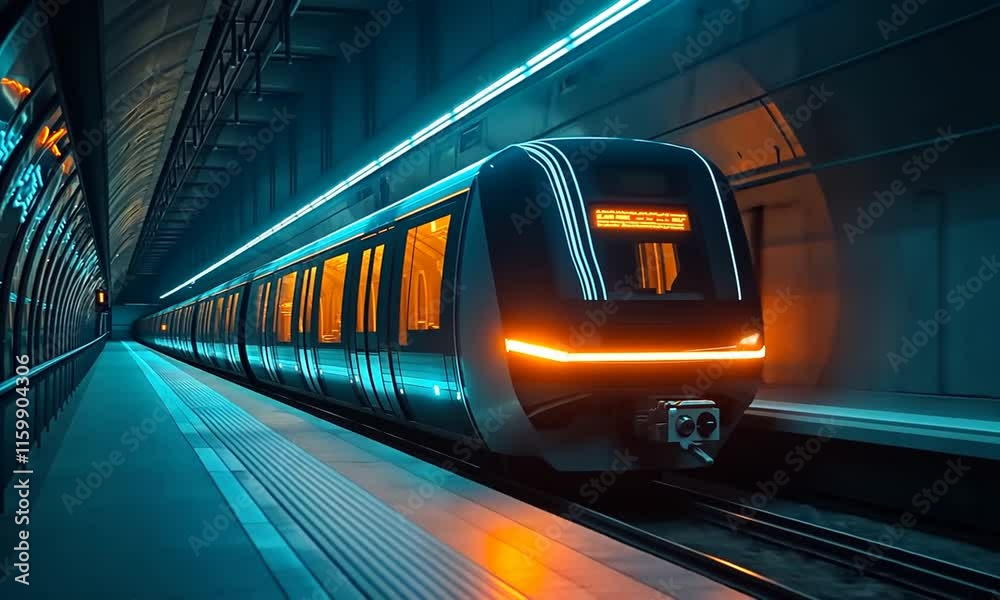 A futuristic train at a subway station with vibrant neon lighting. A futuristic train at a subway station with vibrant neon lighting.