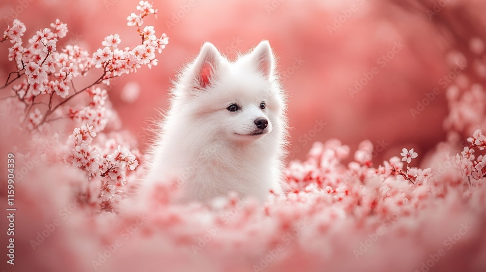 Obraz premium White fluffy puppy in pink cherry blossoms.
