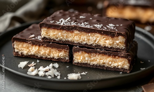 Delicious dark chocolate coconut bars on dark plate. photo