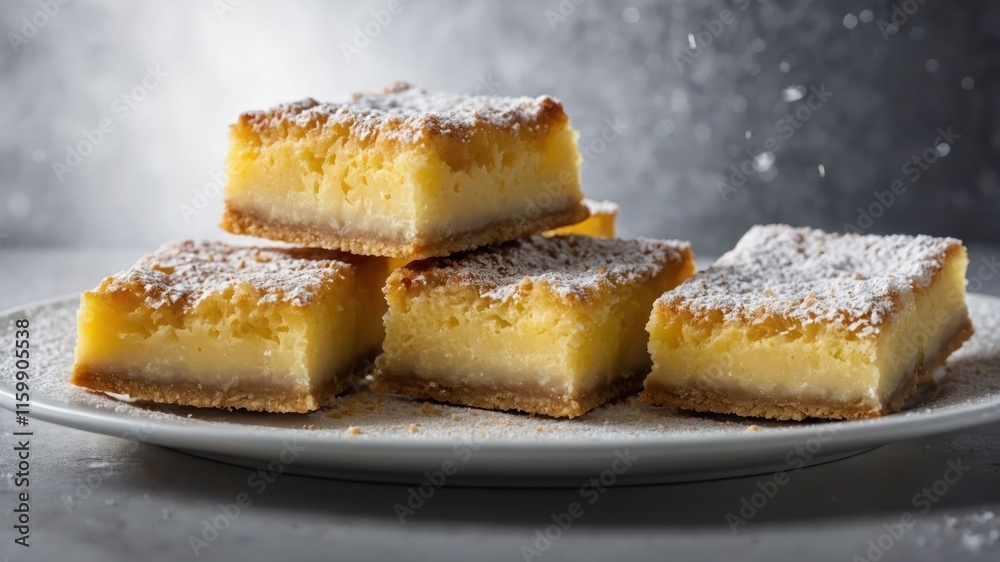 A plate of delicious lemon bars dusted with powdered sugar, showcasing a sweet dessert. A plate of delicious lemon bars dusted with powdered sugar, showcasing a sweet dessert.