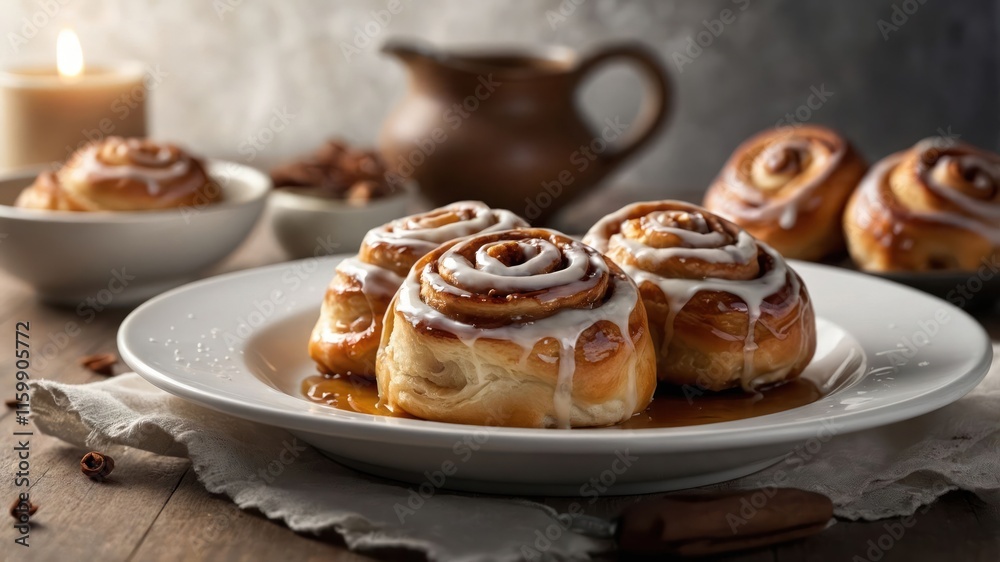 A plate of freshly baked cinnamon rolls drizzled with icing, set in a cozy, rustic environment. A plate of freshly baked cinnamon rolls drizzled with icing, set in a cozy, rustic environment.