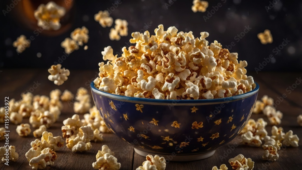 A bowl of popcorn surrounded by scattered kernels, set against a starry background. A bowl of popcorn surrounded by scattered kernels, set against a starry background.