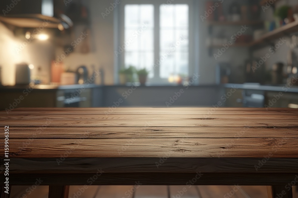 Rustic wooden table in blurred kitchen background. (3)