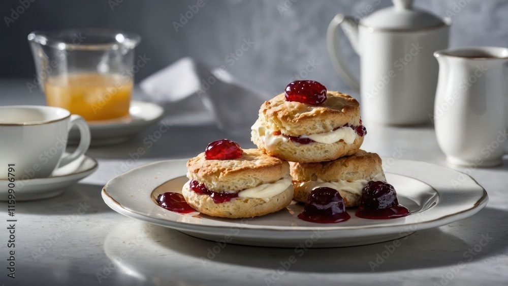 A delightful plate of scones with cream and jam, served with tea and juice. A delightful plate of scones with cream and jam, served with tea and juice.