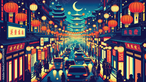 View of the night atmosphere of China Town filled with festive decorations 