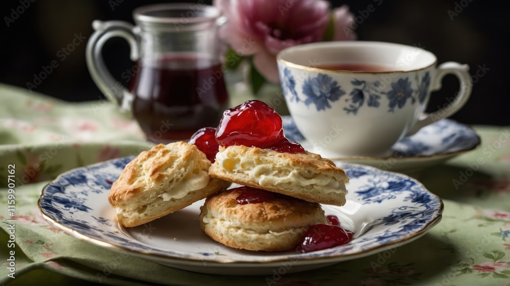 A plate of scones with jam and cream beside tea and a flower, evoking a cozy tea time. A plate of scones with jam and cream beside tea and a flower, evoking a cozy tea time.