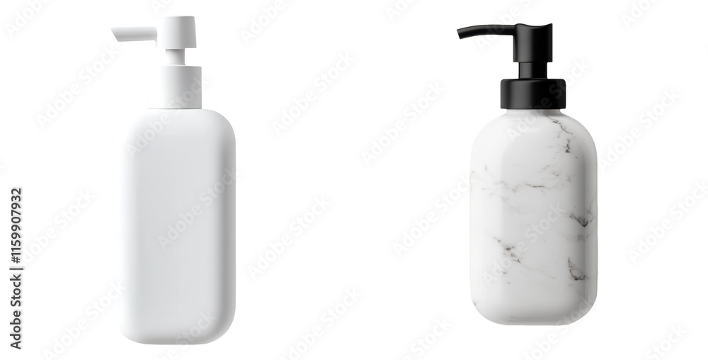 Fototapeta premium Two stylish bottles with pumps, one featuring a matte white finish and the other with a marble design, ideal for personal care products.