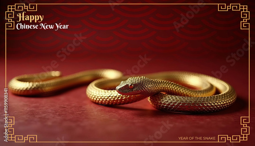 Golden snake slithering on red background celebrating chinese new year 2025, year of the snake