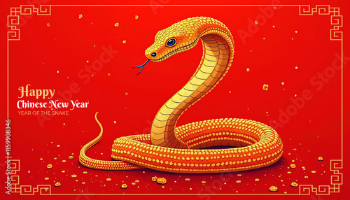 Golden snake celebrating chinese new year 2025, year of the snake, on red background