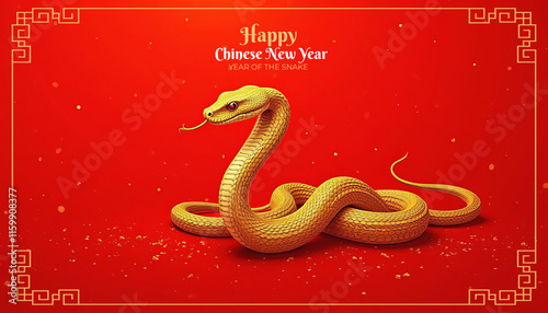 Golden snake celebrating chinese new year 2025, year of the snake, on red background