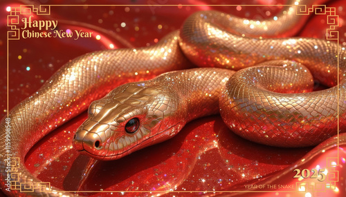 Golden snake slithering on red background celebrating chinese new year 2025, year of the snake