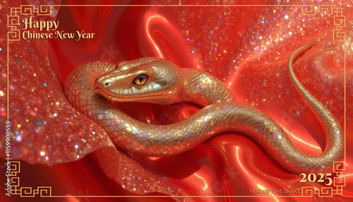 Golden snake slithering on red silk for chinese new year 2025