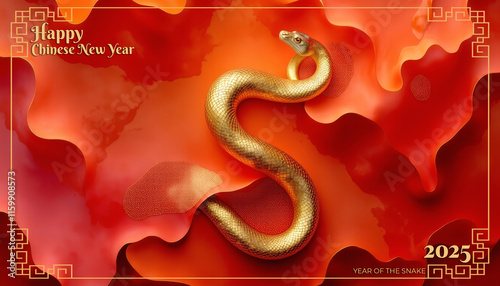 Golden snake slithering on red background celebrating chinese new year 2025, year of the snake