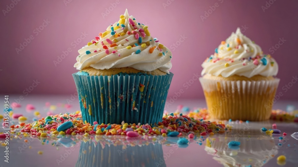 Two colorful cupcakes with frosting and sprinkles on a reflective surface. Two colorful cupcakes with frosting and sprinkles on a reflective surface.