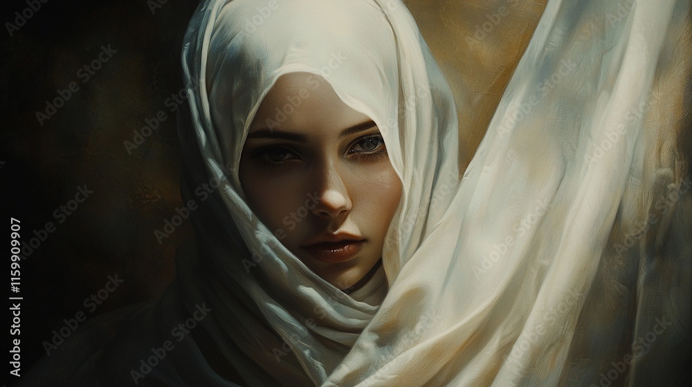 Mysterious woman in flowing white hijab. Mysterious woman in flowing white hijab.