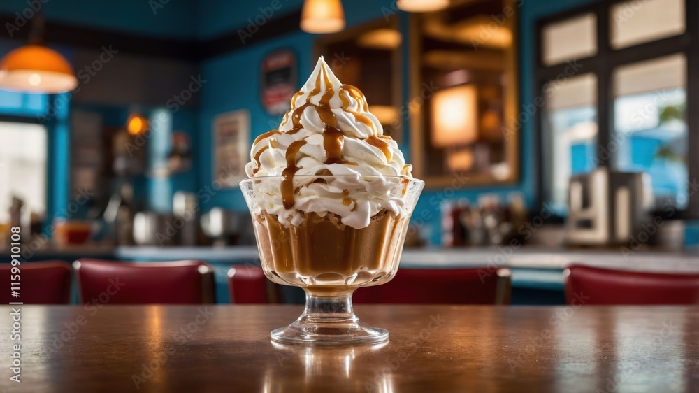 A delicious dessert featuring soft-serve ice cream topped with caramel sauce in a diner setting. A delicious dessert featuring soft-serve ice cream topped with caramel sauce in a diner setting.