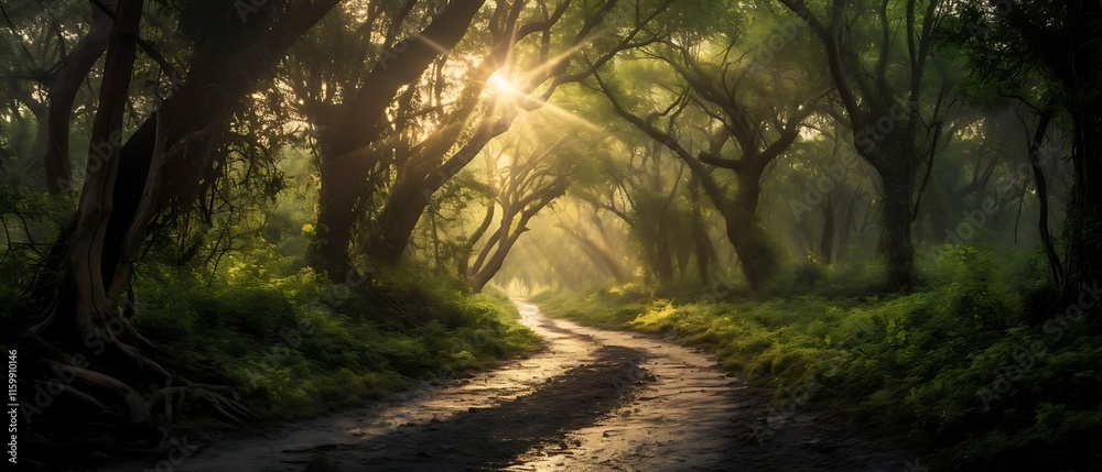 Obraz premium Sunlit path through a mystical forest.