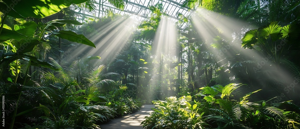 Obraz premium Sun rays in greenhouse, abundant greenery, path.