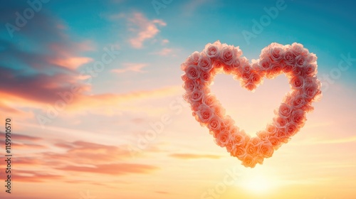 Heart Arch of Pink Roses with Ocean and Sky Background