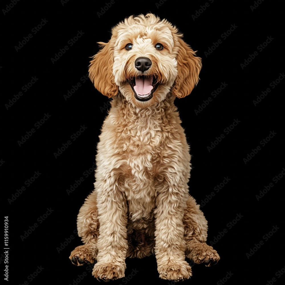 Curly-haired brown doodle dog on black background with happy expression Curly-haired brown doodle dog on black background with happy expression