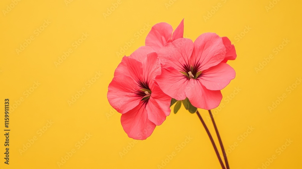 Fototapeta premium A bright pink geranium against a muted yellow background, close-up shot, Minimalist style