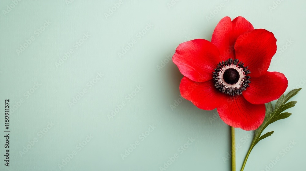 A bright red anemone against a soft sage green background, side view shot, Minimalist style A bright red anemone against a soft sage green background, side view shot, Minimalist style