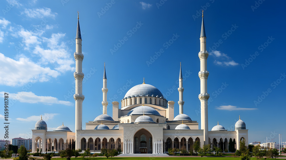 Fototapeta premium Majestic Mosque with Blue Dome and Minarets under Clear Skies Symbolizing Peace and Tranquility : Generative AI