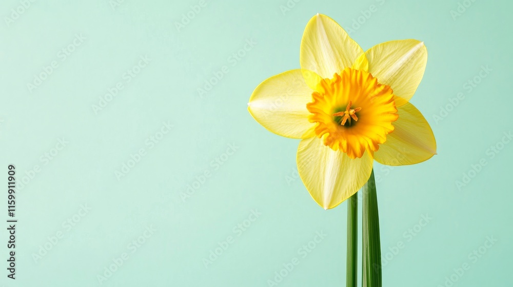 Obraz premium A bright yellow daffodil against a pale mint background, close-up shot, Minimalist style