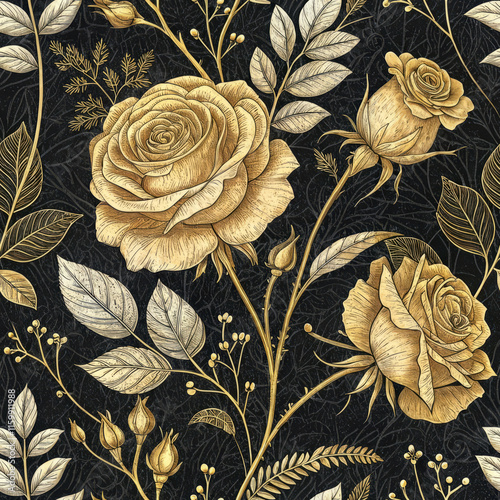 Wallpaper Mural Golden Rose Floral Seamless Pattern, Fabric texture and Textile pattern on Black Background Torontodigital.ca