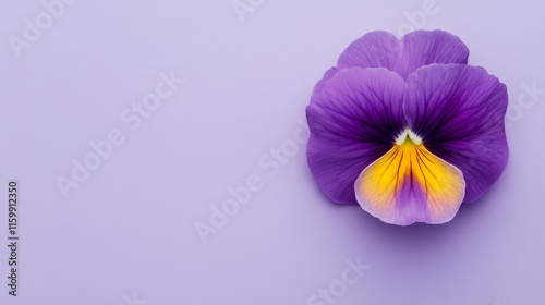 A charming violet pansy with velvety petals in shades of purple and yellow, on a soft violet background, Minimalist style