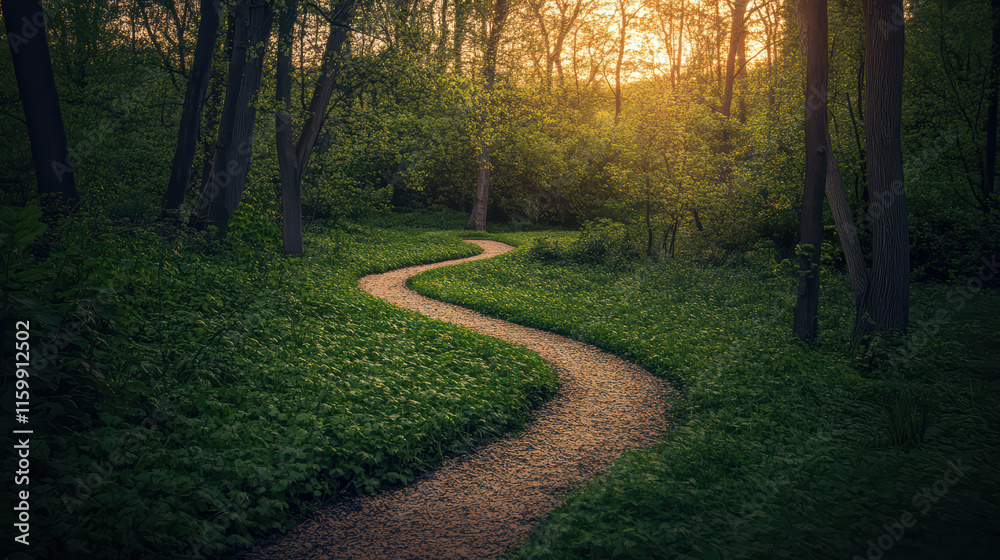 Obraz premium serene landscape featuring winding pathway through lush greenery, illuminated by warm glow of sunset. This tranquil scene invites exploration and reflection