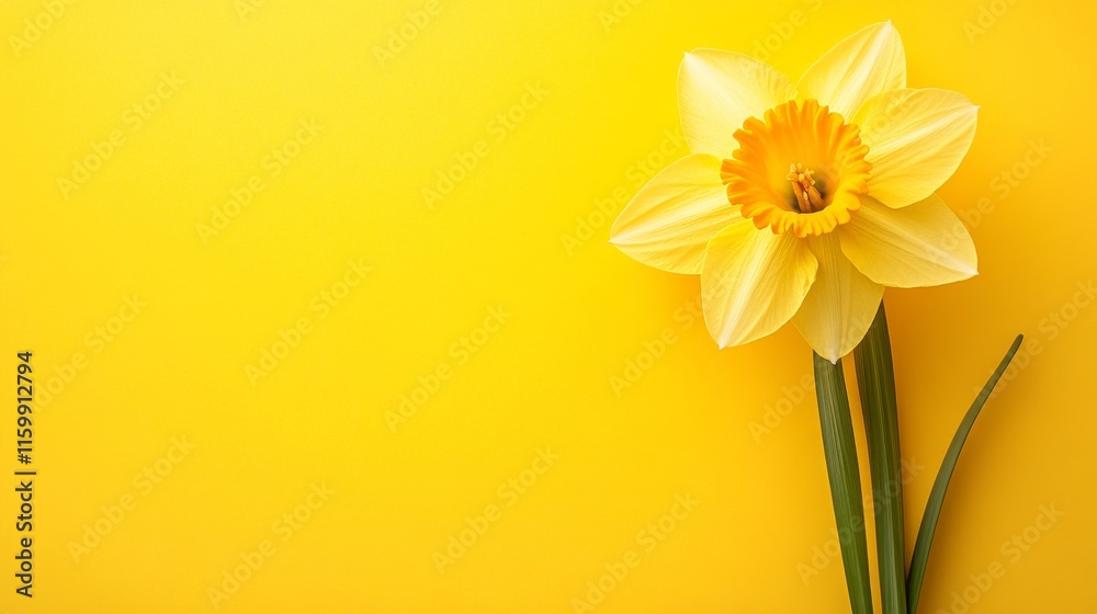 Obraz premium A cheerful yellow daffodil with vibrant, trumpet-shaped petals, on a sunny yellow background
