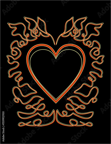 doodle neon red, doodle heart black, heart design card style, heart pattern design element, February, holiday, valentines, fresh heart, swirls and heart, wave, flourishes, black, pink. black outline